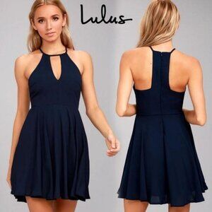 Lulus Navy Blue Keyhole Halter Dress Flared A-Line Sleeveless Back Zipper Size M